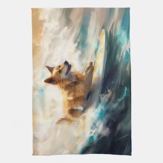 Finse Lapphund strand surfen schilderij Theedoek (Verticaal)