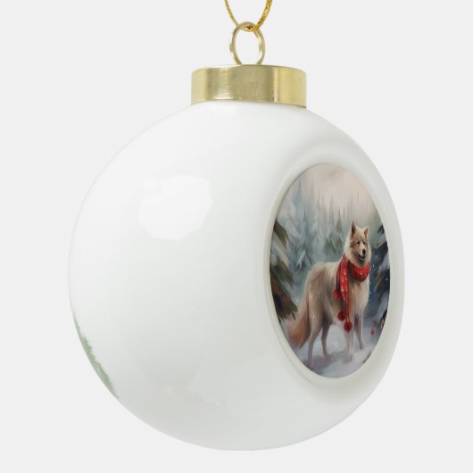 Finse Lappund Hond in Sneeuw Kerstmis Keramische Bal Ornament (Links)