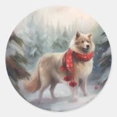 Finse Lappund Hond in Sneeuw Kerstmis Ronde Sticker (Voorkant)