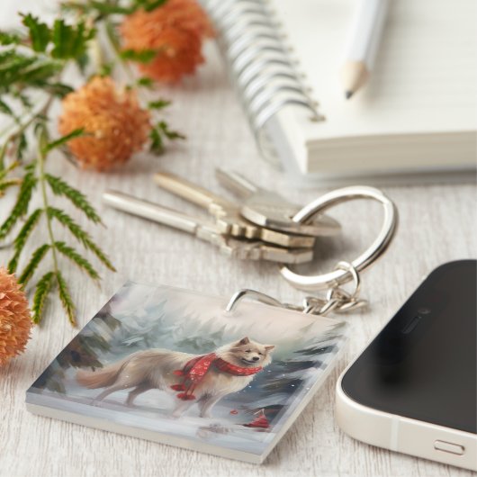 Finse Lappund Hond in Sneeuw Kerstmis Sleutelhanger (Voorkant Rechts)