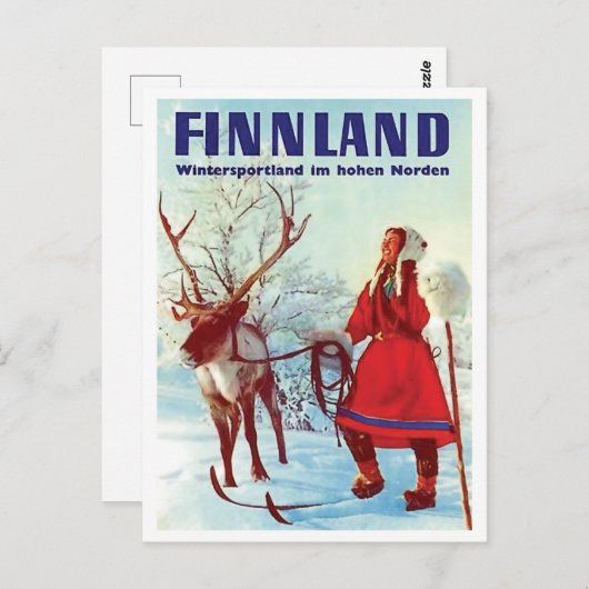 Finse sneeuw, vrouw op ski met herten,  briefkaart (Voorkant / Achterkant)