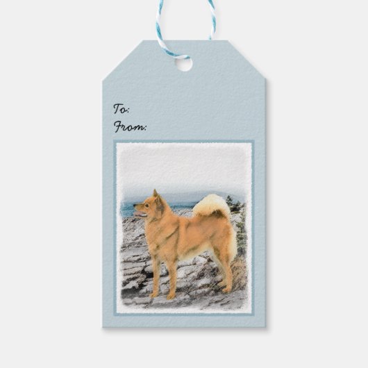 Finse spitz bij Seashore-schilderij - Dog Art Cadeaulabel (Voorkant)