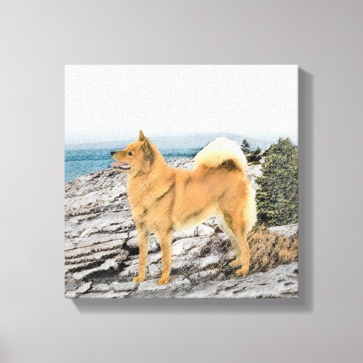 Finse spitz bij Seashore-schilderij - Dog Art Canvas Afdruk (Voorkant)