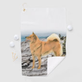 Finse spitz bij Seashore-schilderij - Dog Art Golfhanddoek (Insitu)