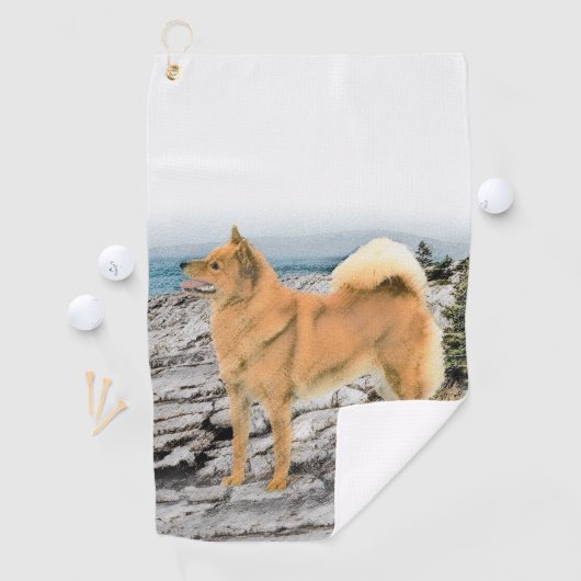 Finse spitz bij Seashore-schilderij - Dog Art Golfhanddoek (Insitu)