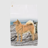 Finse spitz bij Seashore-schilderij - Dog Art Golfhanddoek (Voorkant)