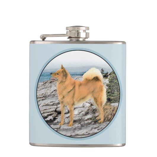 Finse spitz bij Seashore-schilderij - Dog Art Heupfles (Voorkant)