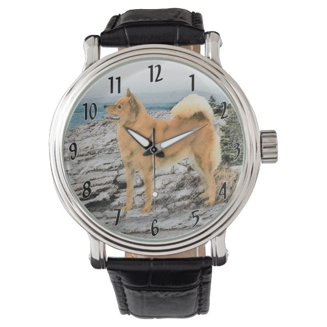 Finse spitz bij Seashore-schilderij - Dog Art Horloge (Voorkant)