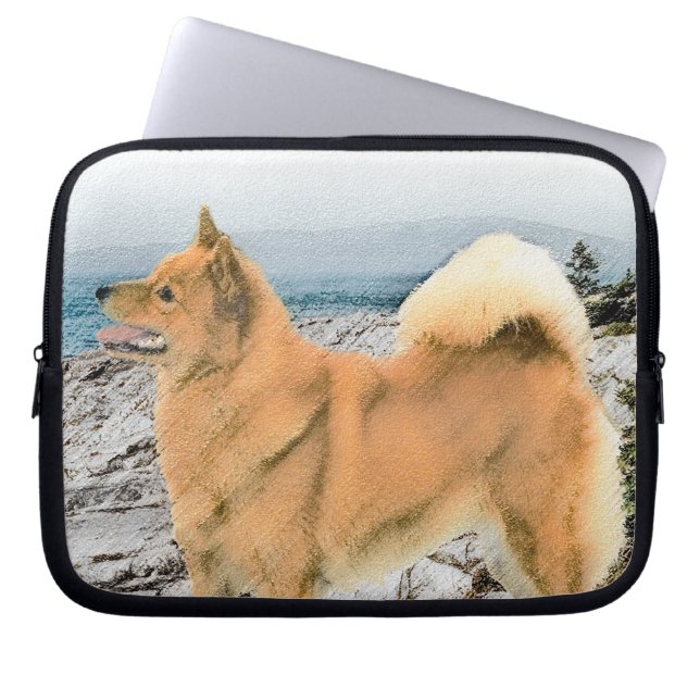 Finse spitz bij Seashore-schilderij - Dog Art Laptop Sleeve (Voorkant)
