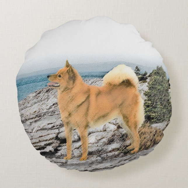 Finse spitz bij Seashore-schilderij - Dog Art Rond Kussen (Achterkant)