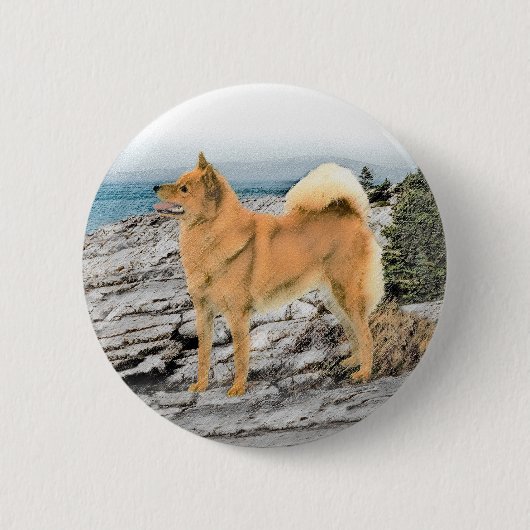 Finse spitz bij Seashore-schilderij - Dog Art Ronde Button 5,7 Cm (Voorkant)