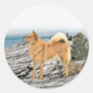 Finse spitz bij Seashore-schilderij - Dog Art Ronde Sticker