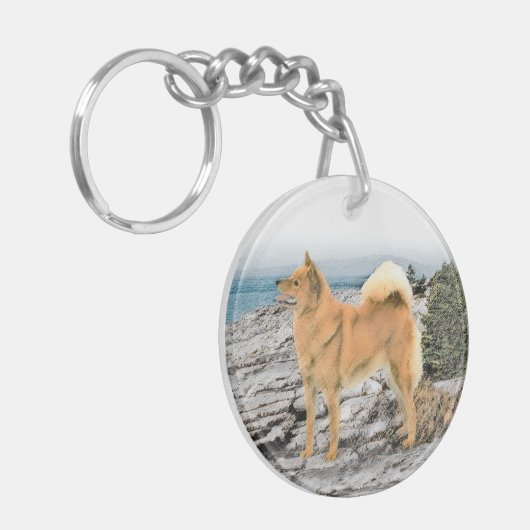 Finse spitz bij Seashore-schilderij - Dog Art Sleutelhanger (Voorkant Links)