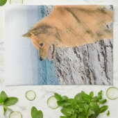 Finse spitz bij Seashore-schilderij - Dog Art Theedoek (Gevouwen)