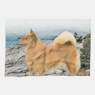 Finse spitz bij Seashore-schilderij - Dog Art Theedoek
