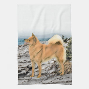 Finse spitz bij Seashore-schilderij - Dog Art Theedoek