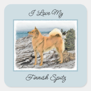 Finse spitz bij Seashore-schilderij - Dog Art Vierkante Sticker