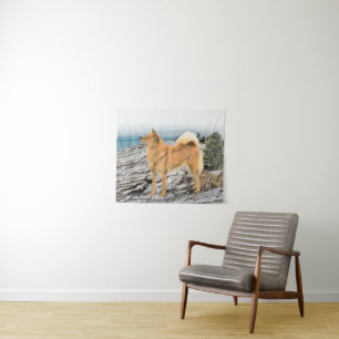 Finse spitz bij Seashore-schilderij - Dog Art Wandkleed