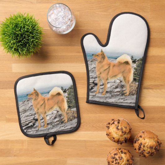 Finse Spitz Seashore Schilderen Originele Hond Kun Ovenwant & Pannenlap Set (Top down)