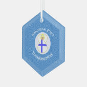 Finse Vlag Hanukkah Engel Naam Jaar Hexagoon Glas Ornament (Voorkant links)