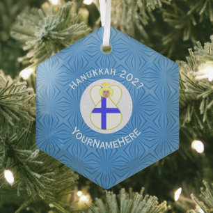 Finse Vlag Hanukkah Engel Naam Jaar Hexagoon Glas Ornament