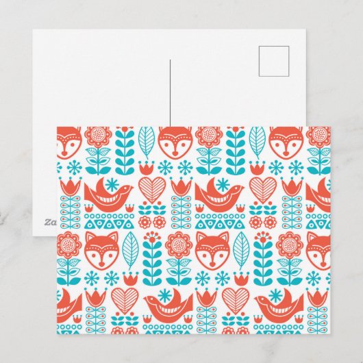 Finse vos & vogel folk art patroon feestdagenkaart (Voorkant / Achterkant)