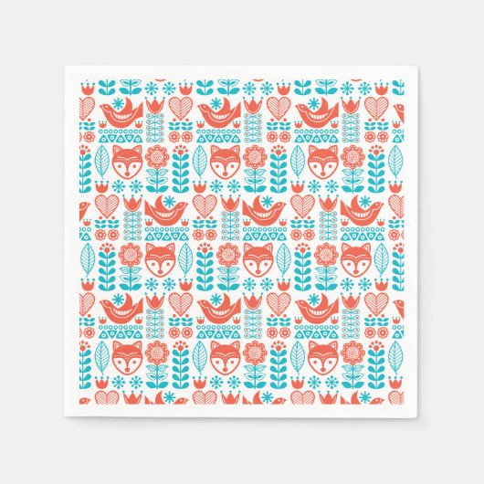 Finse vos & vogel folk art patroon servet (Voorkant)