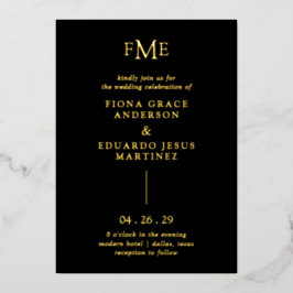 Fiona Black Bold Monogram Moderne bruiloft Folie Uitnodiging