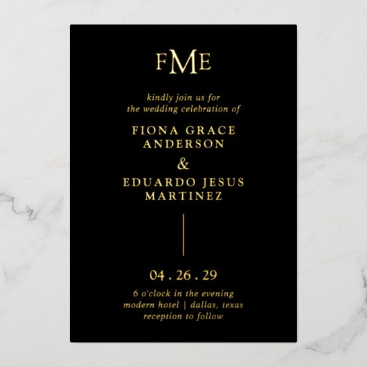 Fiona Black Bold Monogram Moderne bruiloft Folie Uitnodiging (Voorkant)
