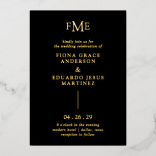 Fiona Black Bold Monogram Moderne Trouwkaart Folie Uitnodiging
