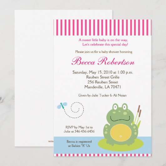 Fiona the Pond Frog (Green) Baby shower Invite Kaart (Voorkant / Achterkant)