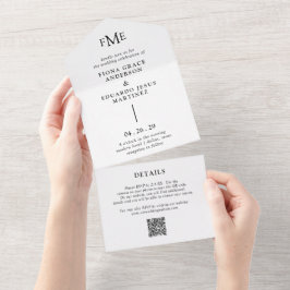 Fiona Zwart en Wit Krachtig Monogram Moderne Trouw All In One Uitnodiging