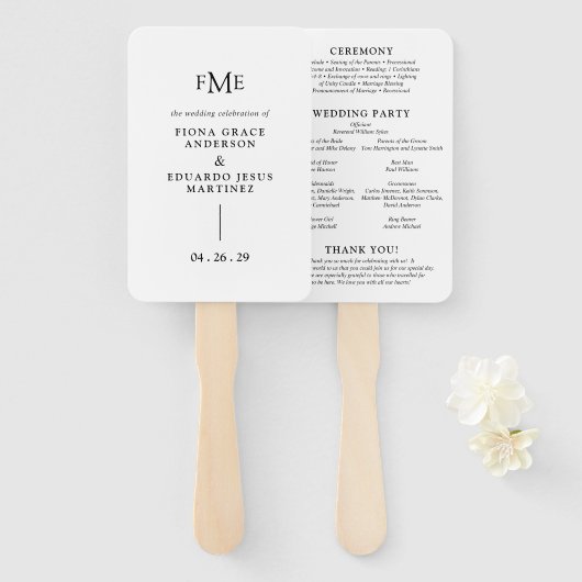 Fiona Zwart en Wit Vet Monogram Modern Trouwen Handwaaier (Voorkant en achterkant)