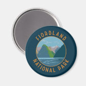 Fiordland National Park Nieuw-Zeeland Retro Circle Magneet (Voorkant / Achterkant)