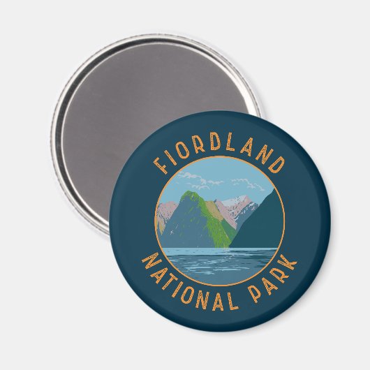 Fiordland National Park Nieuw-Zeeland Retro Circle Magneet (Voorkant / Achterkant)