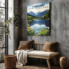 Fiordland New Zealand Travel Poster Canvas Art Afdruk