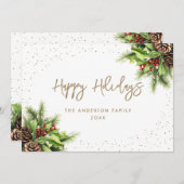 Fir Cones Holly Red Berries White Gold Feestdagenkaart (Voorkant / Achterkant)
