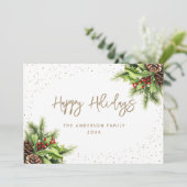 Fir Cones Holly Red Berries White Gold Feestdagenkaart (Staand voorkant)