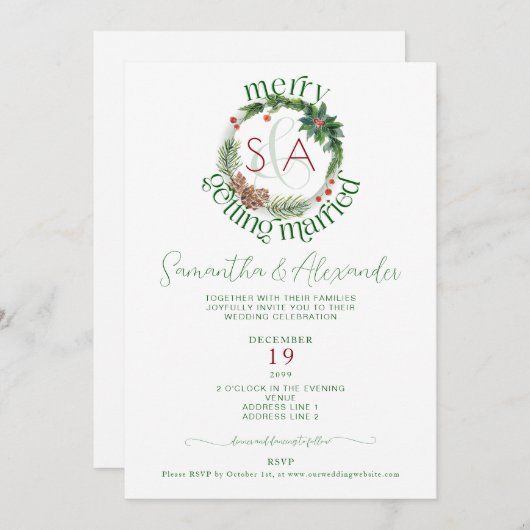 Fir Tree & Holly Wreath Kerst thema bruiloft Kaart (Voorkant / Achterkant)