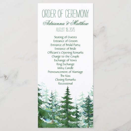 Fir Tree Huwelijksorder van Ceremonie Programmakaart (Voorkant)