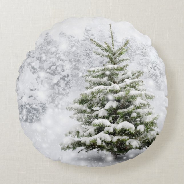 Fir Tree in Thick Snow Rond Kussen (Voorkant)