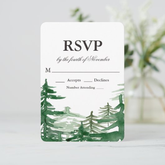 Fir Tree rustieke bruiloft RSVP (Staand voorkant)