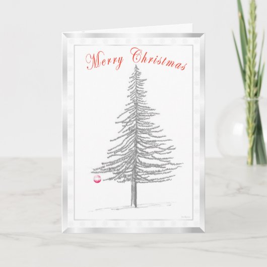 Fir Tree Sketch with Silver Snowflake Border Feestdagen Kaart (Voorkant)
