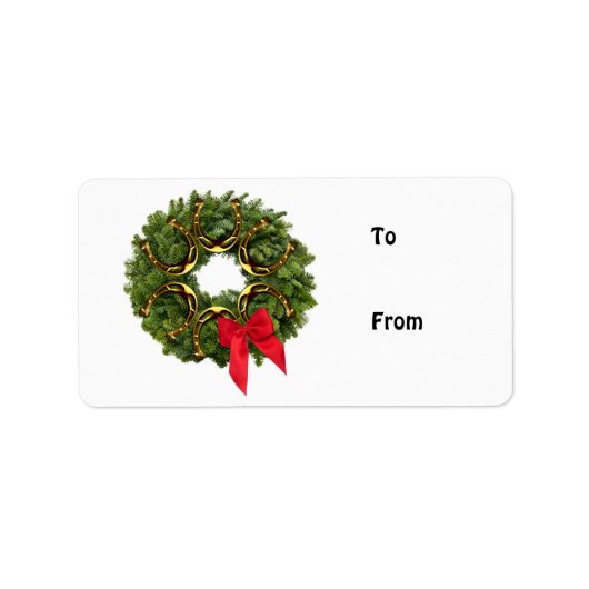 Fir Wreath met Gold Hoefijzers en Red Bow Etiket (Voorkant)