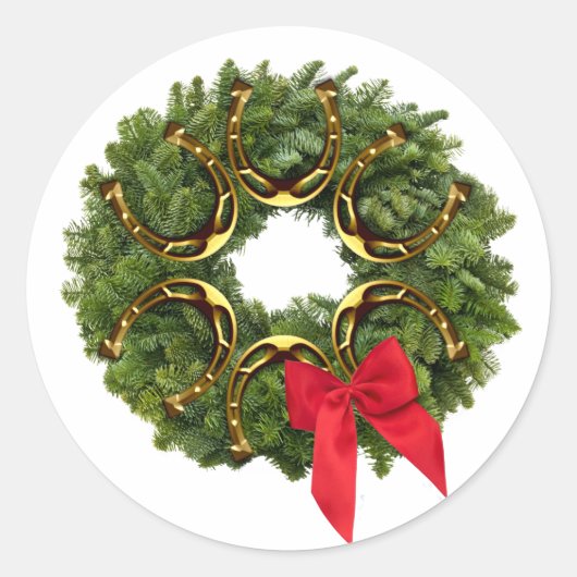 Fir Wreath met Gold Hoefijzers en Red Bow Ronde Sticker (Voorkant)