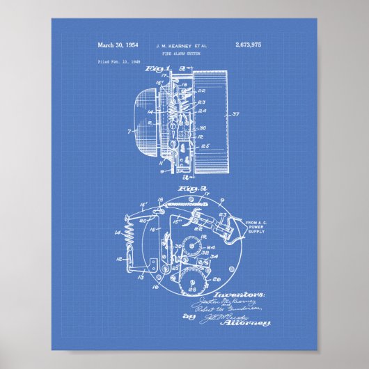 Fire Alarm System 1954 Patent Art - Blauwdruk Poster (Voorkant)