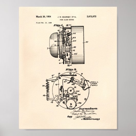 Fire Alarm System 1954 Patent Art - Old Peper Poster (Voorkant)
