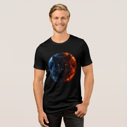 Fire and Ice Panther – Dual Element Fantasy Art Tri-Blend Shirt (Voorkant volledig)