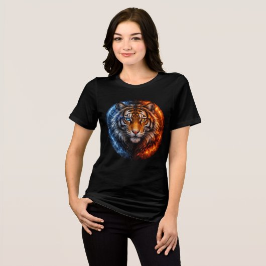 Fire and Ice Tiger – Elemental Fantasy Art Tri-Blend Shirt (Voorkant volledig)
