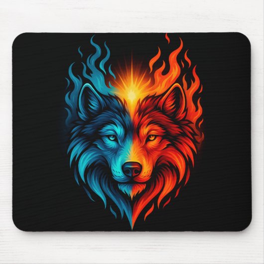 Fire and Ice Wolf – Blue Red Elemental Animal Muismat (Voorkant)